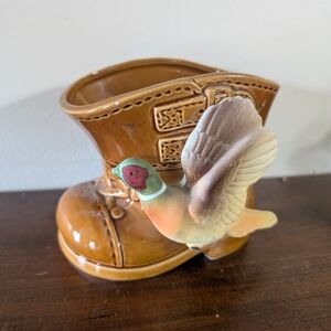 Vintage Rubens Originals Ceramic Hunting Boot Pheasant Planter Bird Hunt Decor